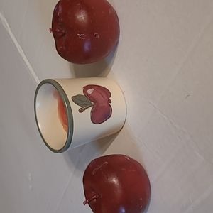 Set of 3 country Apple collector decorative candles and ceramic candle holders